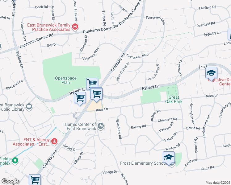 map of restaurants, bars, coffee shops, grocery stores, and more near 27 Whittney Court in East Brunswick