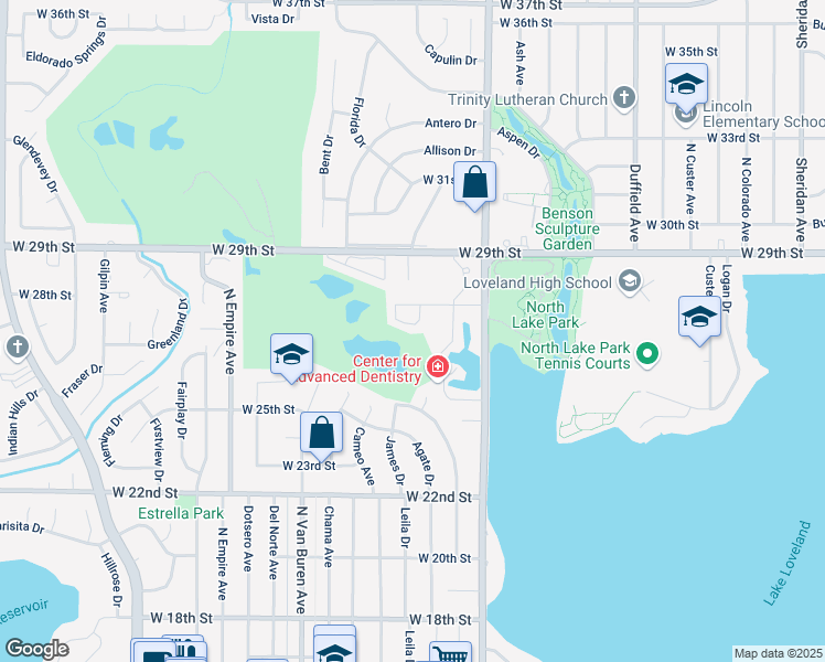 map of restaurants, bars, coffee shops, grocery stores, and more near 1530 West 28th Street in Loveland