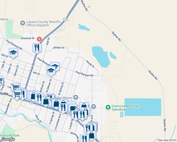 map of restaurants, bars, coffee shops, grocery stores, and more near 500 Howard Court in Susanville