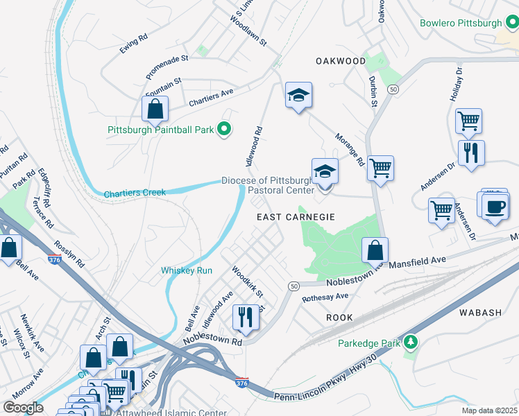 map of restaurants, bars, coffee shops, grocery stores, and more near 2790 Idlewood Avenue in Carnegie