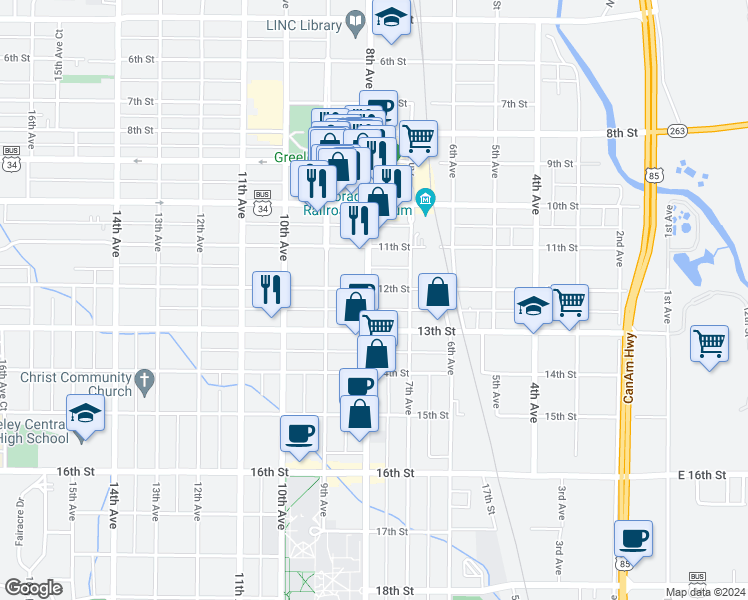 map of restaurants, bars, coffee shops, grocery stores, and more near 1221 U.S. 85 Business in Greeley