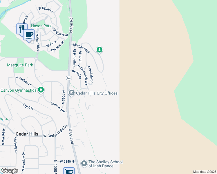 map of restaurants, bars, coffee shops, grocery stores, and more near 10303 Morgan Boulevard in Cedar Hills