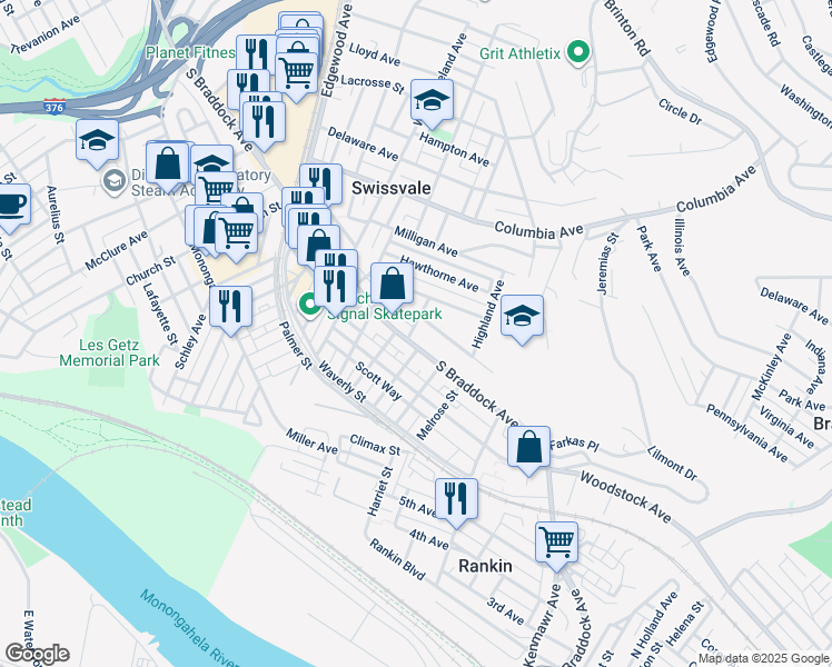 map of restaurants, bars, coffee shops, grocery stores, and more near 2306 South Braddock Avenue in Pittsburgh