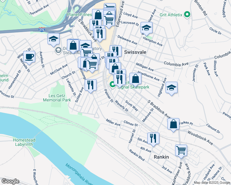 map of restaurants, bars, coffee shops, grocery stores, and more near 7514 Roslyn Street in Pittsburgh