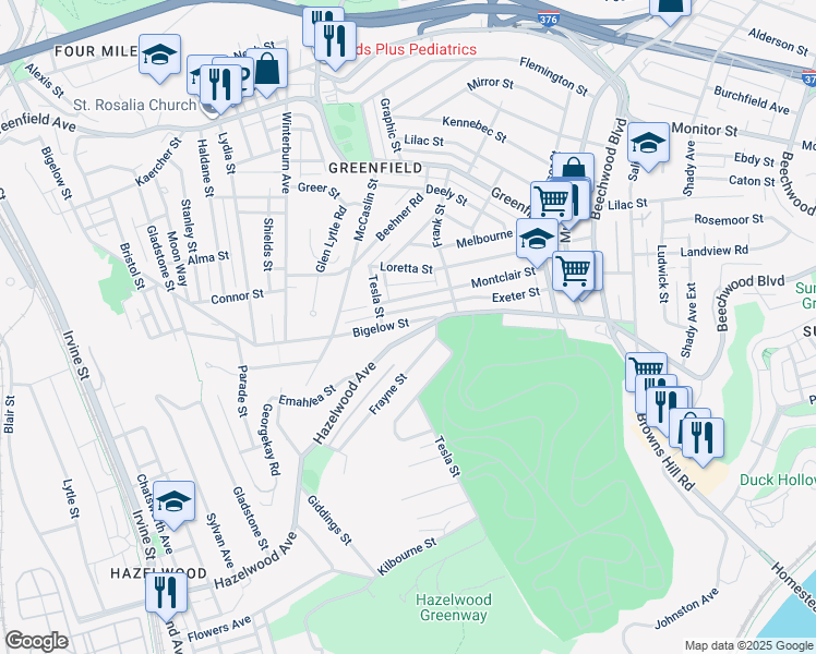 map of restaurants, bars, coffee shops, grocery stores, and more near 636 Hazelwood Avenue in Pittsburgh
