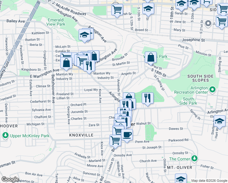 map of restaurants, bars, coffee shops, grocery stores, and more near 1508 Arlington Avenue in Pittsburgh