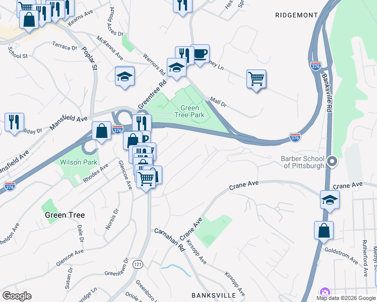 map of restaurants, bars, coffee shops, grocery stores, and more near 45 Pocono Drive in Pittsburgh