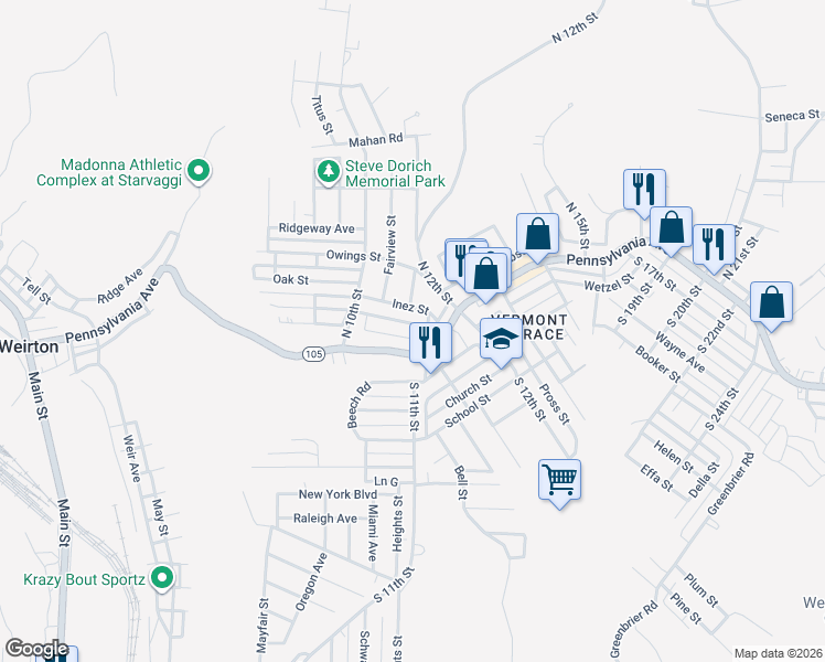 map of restaurants, bars, coffee shops, grocery stores, and more near 1101 Pennsylvania Avenue in Weirton