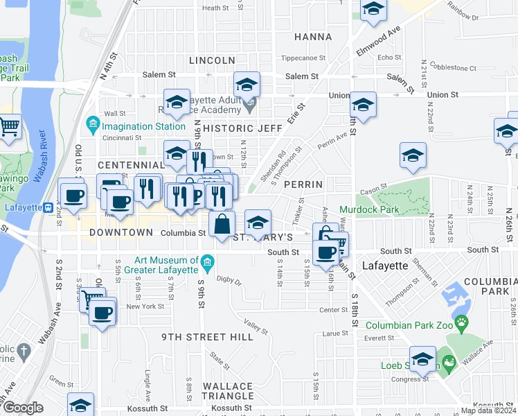 map of restaurants, bars, coffee shops, grocery stores, and more near 1217 Main Street in Lafayette