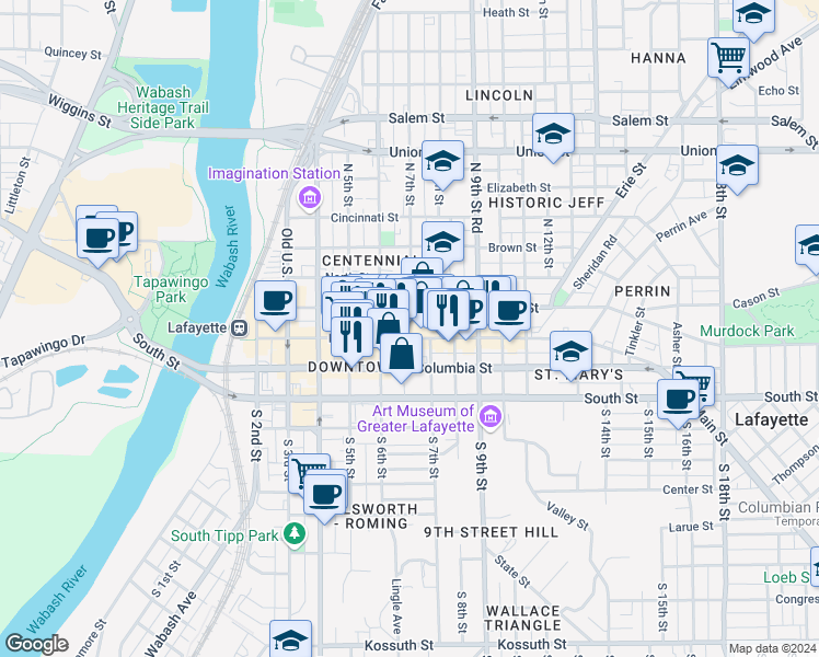 map of restaurants, bars, coffee shops, grocery stores, and more near in Lafayette