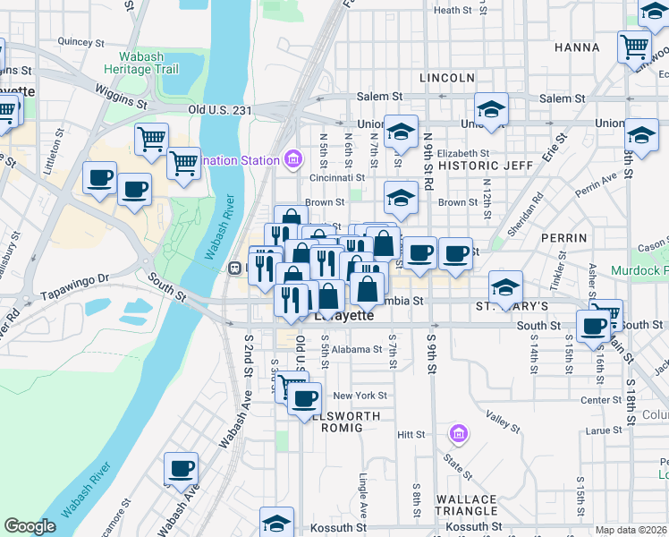 map of restaurants, bars, coffee shops, grocery stores, and more near in Lafayette