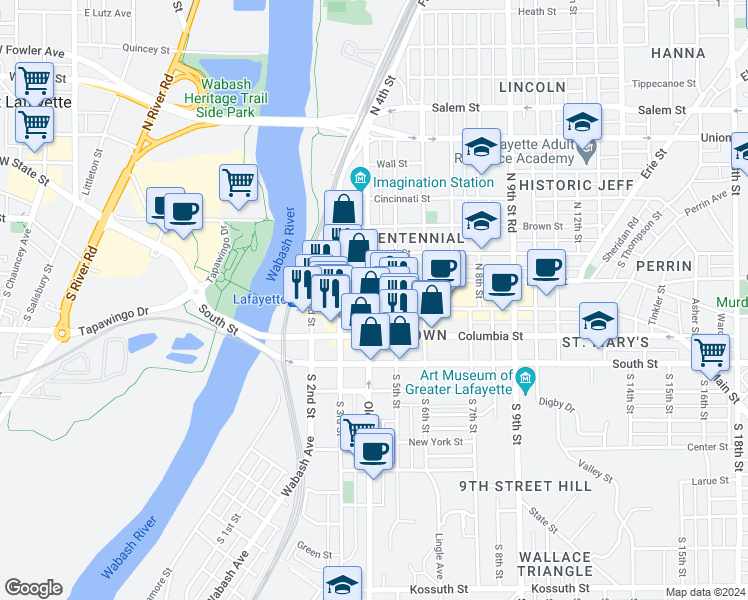 map of restaurants, bars, coffee shops, grocery stores, and more near 332 Main Street in Lafayette
