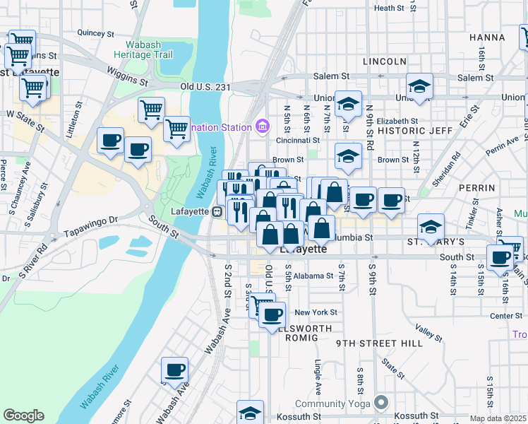 map of restaurants, bars, coffee shops, grocery stores, and more near 332 Main Street in Lafayette