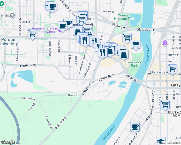 map of restaurants, bars, coffee shops, grocery stores, and more near 271 South River Road in West Lafayette