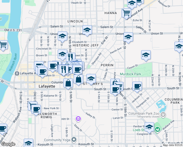 map of restaurants, bars, coffee shops, grocery stores, and more near 1217 Main Street in Lafayette
