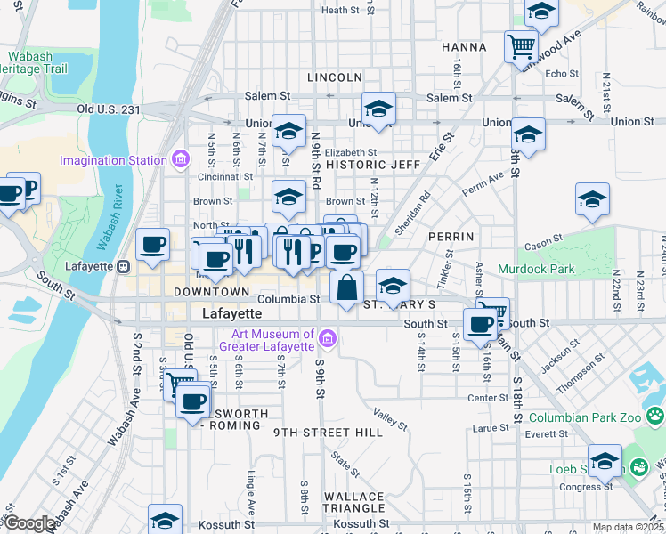 map of restaurants, bars, coffee shops, grocery stores, and more near 928 Main Street in Lafayette