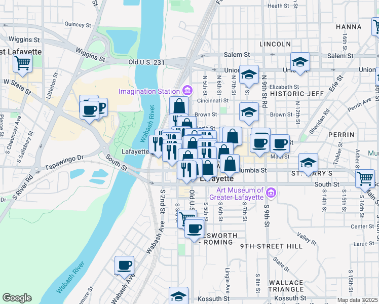 map of restaurants, bars, coffee shops, grocery stores, and more near 332 Main Street in Lafayette
