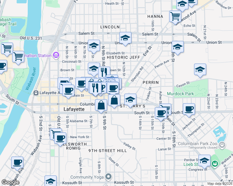 map of restaurants, bars, coffee shops, grocery stores, and more near 1109 Main Street in Lafayette