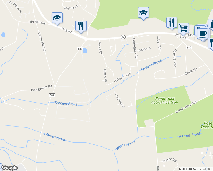map of restaurants, bars, coffee shops, grocery stores, and more near 20 Carrie Drive in Matawan