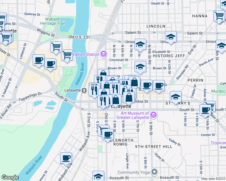 map of restaurants, bars, coffee shops, grocery stores, and more near in Lafayette