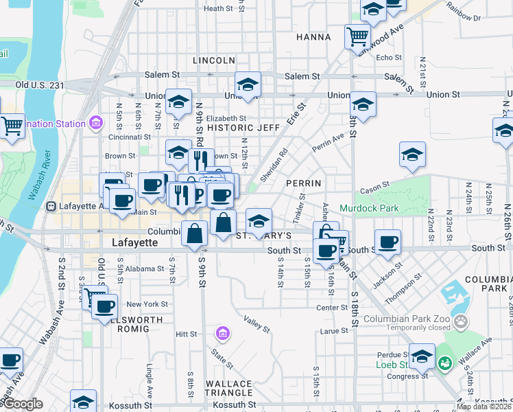 map of restaurants, bars, coffee shops, grocery stores, and more near 1217 Main Street in Lafayette