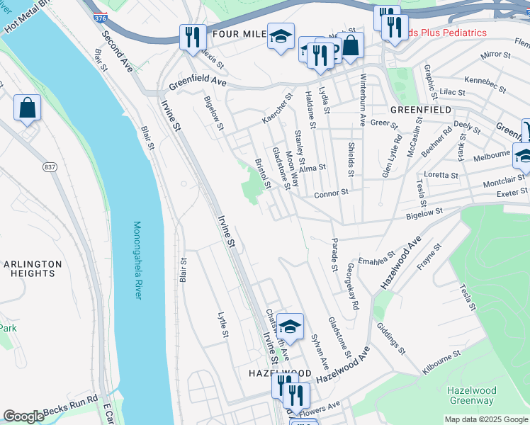map of restaurants, bars, coffee shops, grocery stores, and more near 4343 Tasso Street in Pittsburgh
