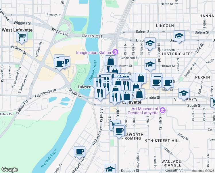 map of restaurants, bars, coffee shops, grocery stores, and more near 219 Main Street in Lafayette
