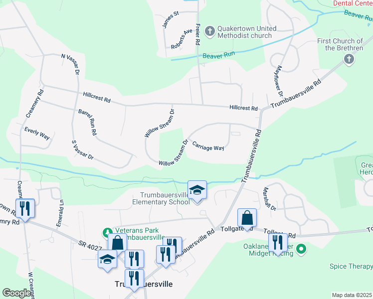 map of restaurants, bars, coffee shops, grocery stores, and more near 1212 Denby Court in Quakertown