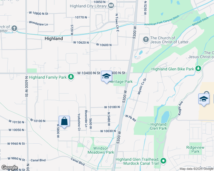 map of restaurants, bars, coffee shops, grocery stores, and more near 5525 West 10400 North Street in Highland