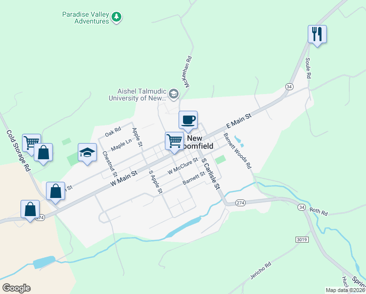 map of restaurants, bars, coffee shops, grocery stores, and more near 31 West Main Street in New Bloomfield