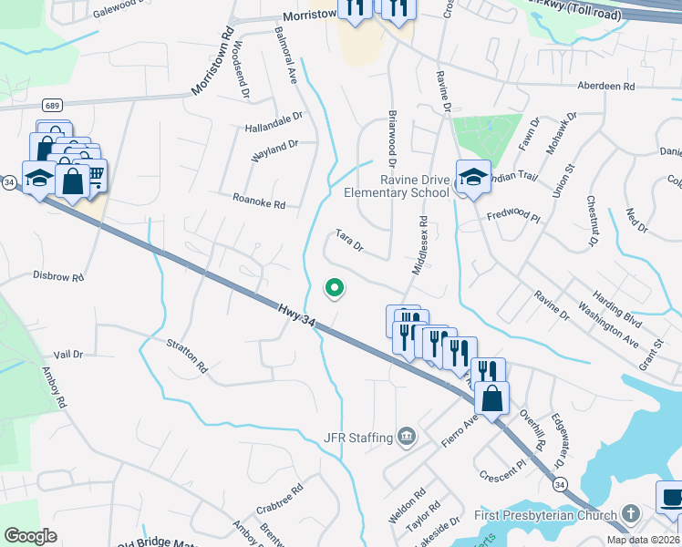 map of restaurants, bars, coffee shops, grocery stores, and more near 593 New Jersey 34 in Matawan