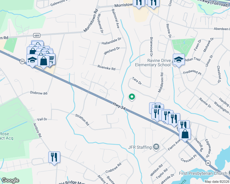 map of restaurants, bars, coffee shops, grocery stores, and more near in Old Bridge