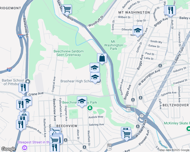 map of restaurants, bars, coffee shops, grocery stores, and more near 595 Crane Avenue in Pittsburgh