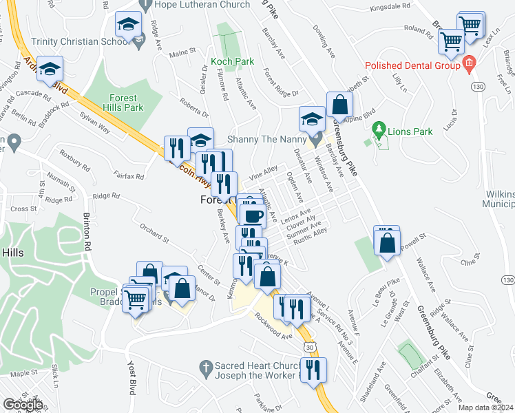 map of restaurants, bars, coffee shops, grocery stores, and more near 520 Halsey Avenue in Pittsburgh