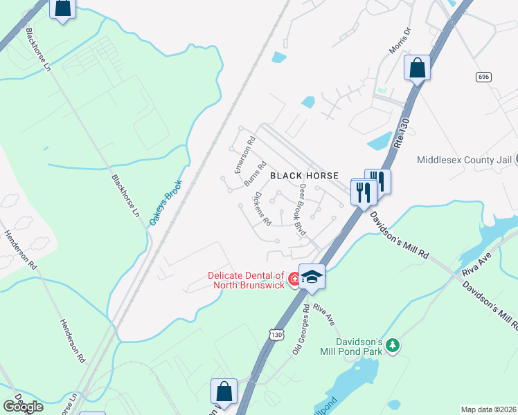 map of restaurants, bars, coffee shops, grocery stores, and more near 33 Dickens Road in North Brunswick Township