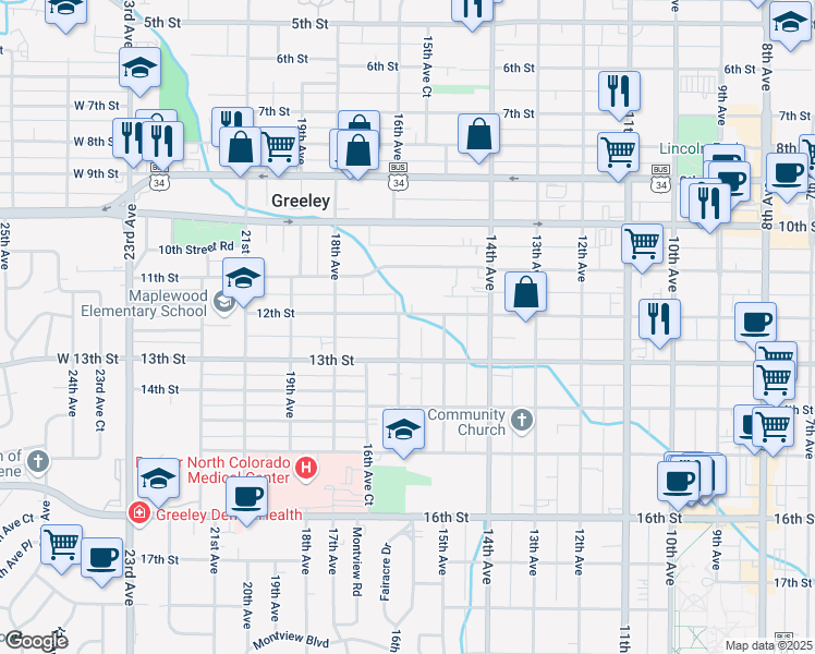 map of restaurants, bars, coffee shops, grocery stores, and more near 1206 16th Avenue in Greeley