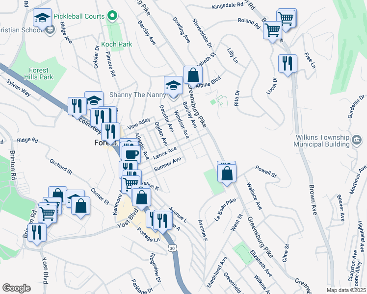 map of restaurants, bars, coffee shops, grocery stores, and more near 502 Lenox Avenue in Pittsburgh