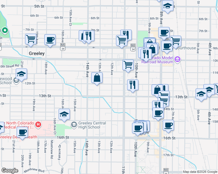 map of restaurants, bars, coffee shops, grocery stores, and more near 1221 12th Avenue in Greeley
