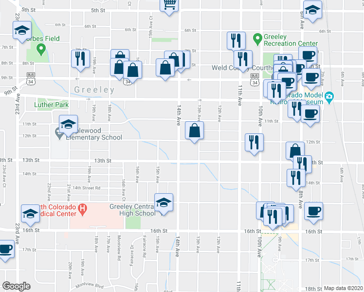 map of restaurants, bars, coffee shops, grocery stores, and more near 1218 14th Avenue in Greeley