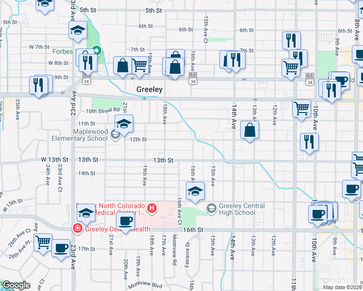 map of restaurants, bars, coffee shops, grocery stores, and more near 1613 13th Street in Greeley