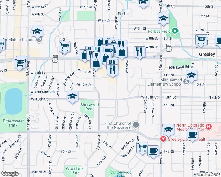map of restaurants, bars, coffee shops, grocery stores, and more near 2614 West 12th Street Road in Greeley