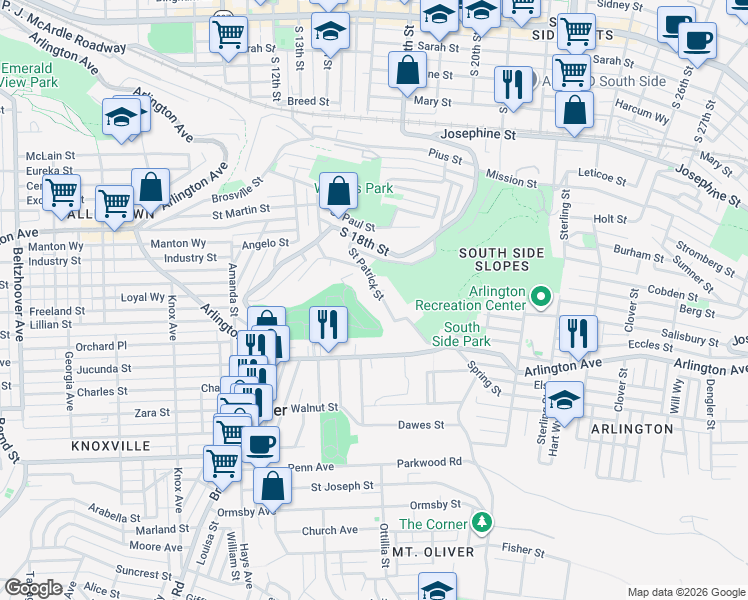 map of restaurants, bars, coffee shops, grocery stores, and more near 1727 Saint Patrick Street in Pittsburgh
