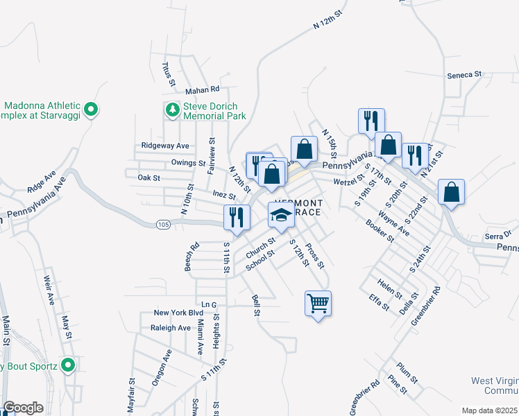 map of restaurants, bars, coffee shops, grocery stores, and more near 1120 Pennsylvania Avenue in Weirton