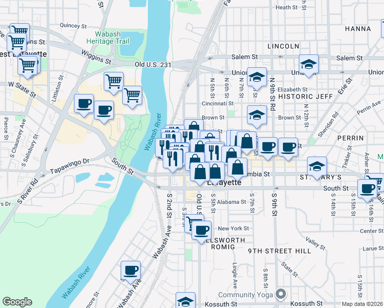 map of restaurants, bars, coffee shops, grocery stores, and more near 332 Main Street in Lafayette