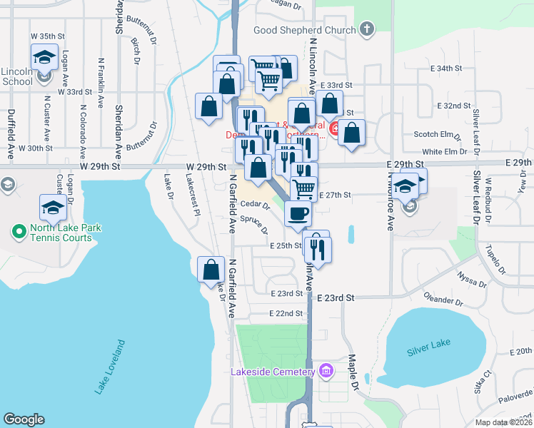 map of restaurants, bars, coffee shops, grocery stores, and more near 2517 Cedar Drive in Loveland