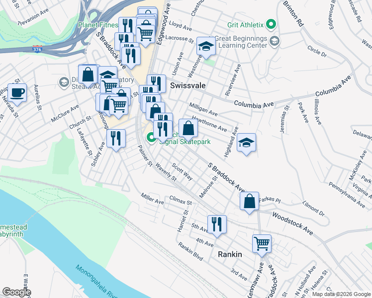 map of restaurants, bars, coffee shops, grocery stores, and more near 2238 South Braddock Avenue in Pittsburgh