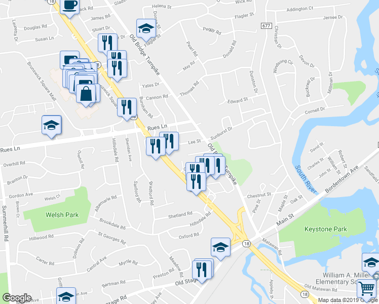 map of restaurants, bars, coffee shops, grocery stores, and more near 16 Sadowski Street in East Brunswick
