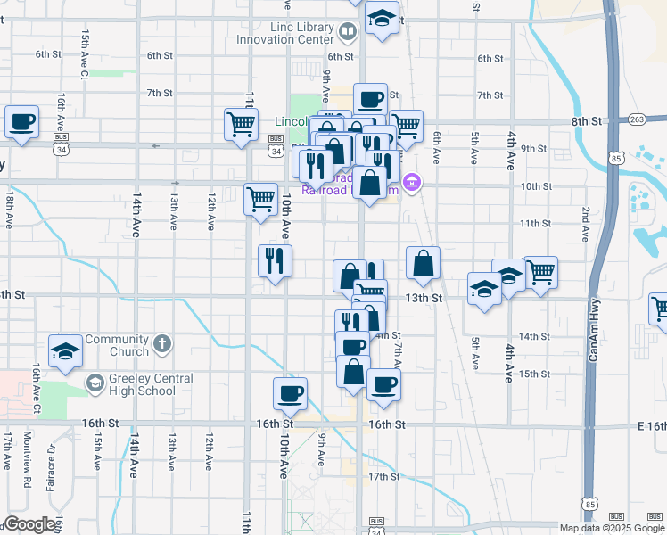 map of restaurants, bars, coffee shops, grocery stores, and more near 824 12th Street in Greeley