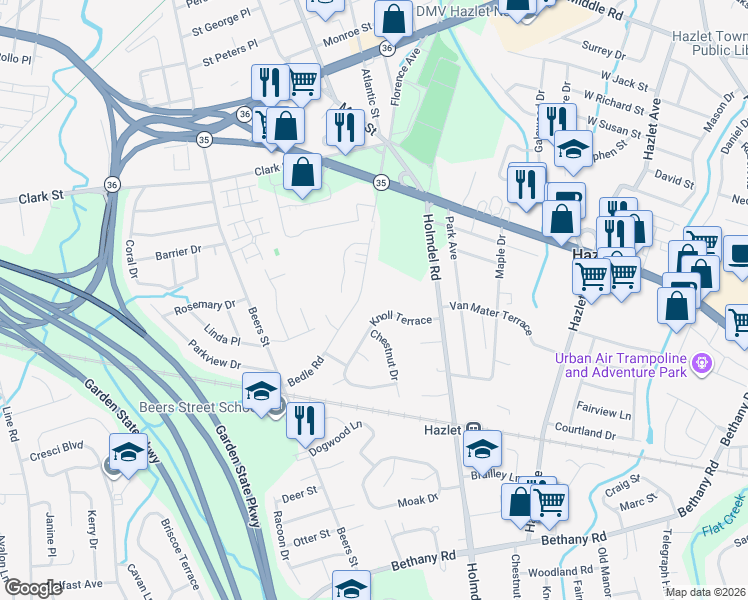 map of restaurants, bars, coffee shops, grocery stores, and more near 20 Knoll Terrace in Hazlet