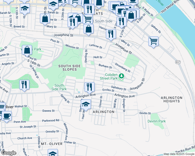 map of restaurants, bars, coffee shops, grocery stores, and more near 2412 Berg Street in Pittsburgh